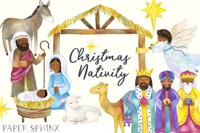 Watercolor Black Nativity Clipart Christmas Nativity Brown Skin Holiday Clipart Baby Jesus, Mary, Manger, wise men and angel image 1