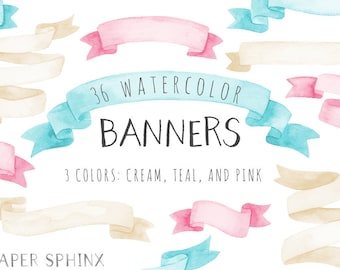 May include: 36 watercolor banners in cream, teal, and pink. The banners are in various shapes and sizes, and some have a curled edge. The text "36 Watercolor Banners" and "3 Colors: Cream, Teal, and Pink" is written in black.
