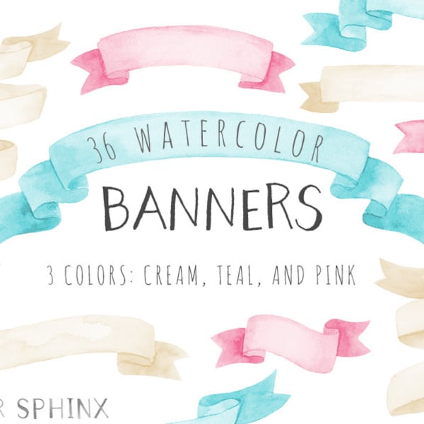 Watercolor Banners Clipart | Ribbon Graphics - Party Banners - Birthday Graphics, Invitations - Digital Instant Download PNG Files