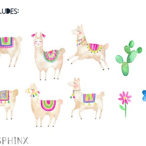 Puede incluir: Ilustraciones en acuarela de llamas, cactus y flores. Las llamas son de color canela con mantas y accesorios coloridos. Los cactus son verdes con flores rosas, y las flores son rosas y azules. El texto en la parte superior dice "PACK INCLUDES:" y en la inferior "PAPER SPHINX".