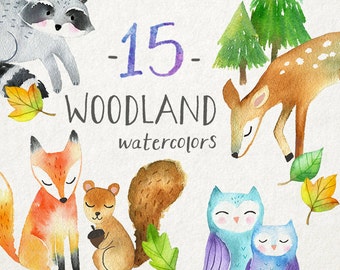 Watercolor Woodland Animals Clipart | Forest Animals Clip Art - Baby Fox, Deer, Owl, Squirrel, Raccoon - Instant Download PNG File