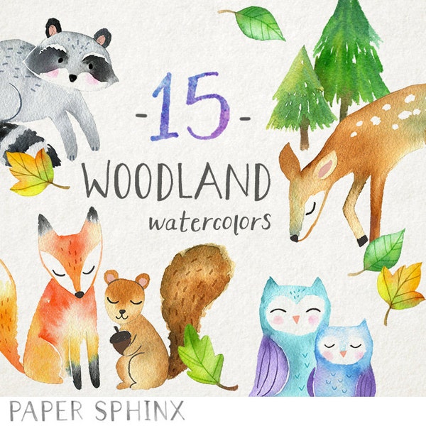 Watercolor Woodland Animals Clipart | Forest Animals Clip Art - Baby Fox, Deer, Owl, Squirrel, Raccoon - Instant Download PNG File