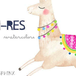 Puede incluir: Ilustraci&oacute;n en acuarela de una llama corriendo con una montura rosa y una guirnalda colorida. La llama tiene un pelaje marr&oacute;n claro, mejillas rosas y ojos cerrados. El texto en la imagen dice "HI-RES watercolors" y "PAPER SPHINX".