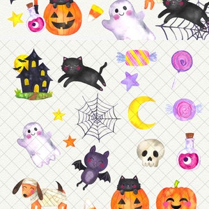 Cute Halloween Clipart Watercolor Halloween, Cute Bat, Black Cat, Pumpkins, Ghost, Halloween Candy, Spider Web Instant Download PNG File image 2