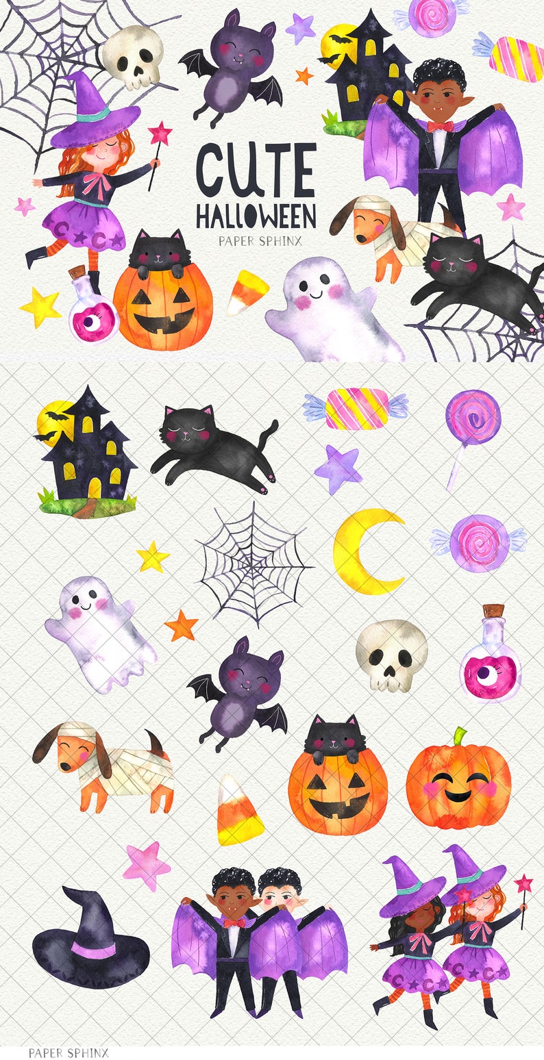 Cute Halloween Clipart Watercolor Halloween, Cute Bat, Black Cat, Pumpkins, Ghost, Halloween Candy, Spider Web Instant Download PNG File image 2