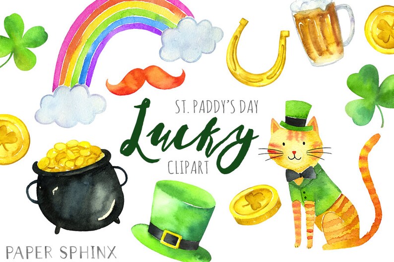Watercolor St. Patty's Clipart St. Patrick's Day Clip Art Lucky Shamrock Irish Clipart Leprechaun, Pot of Gold Instant Download image 1