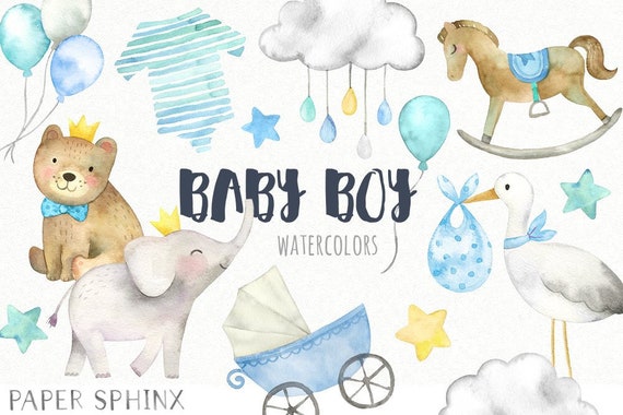Boy Baby Shower Clipart | Baby Boy Graphics - Elephant, Bear, Crown, Stork, Rocking Horse Printable Art - Instant Download PNG files - 2