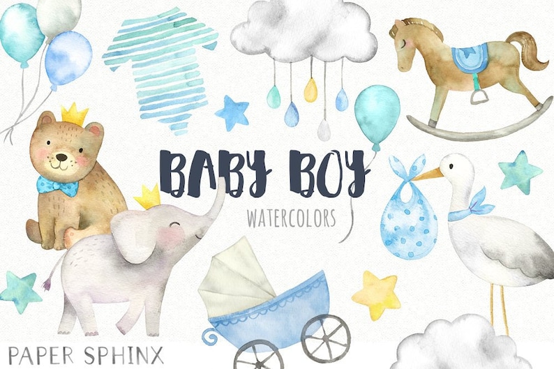 May include: Watercolor illustrations of baby boy themed items, including a rocking horse, a baby carriage, a teddy bear, an elephant, a stork, a cloud with raindrops, a balloon, and a onesie. The text "BABY BOY WATERCOLORS" is also included.