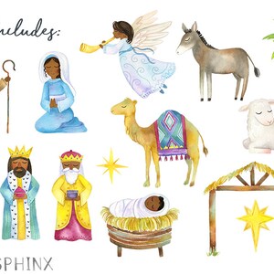 Watercolor Black Nativity Clipart Christmas Nativity Brown Skin Holiday Clipart Baby Jesus, Mary, Manger, wise men and angel image 2