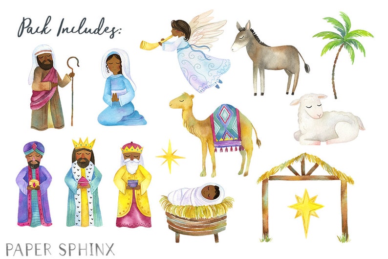 Watercolor Black Nativity Clipart Christmas Nativity Brown Skin Holiday Clipart Baby Jesus, Mary, Manger, wise men and angel image 2