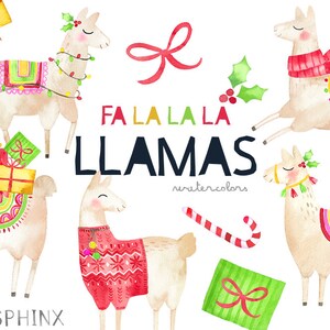 Christmas Llama Clipart | Fa la la la llama - Watercolor Christmas Clipart - with Gifts, Bows, and Candy Cane - Digital PNG Files