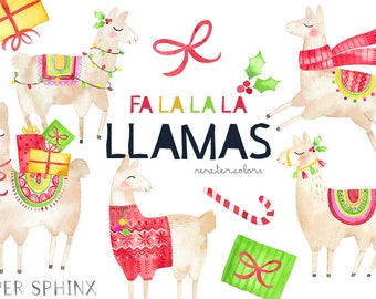 Christmas Llama Clipart | Fa la la la llama - Watercolor Christmas Clipart - with Gifts, Bows, and Candy Cane - Digital PNG Files