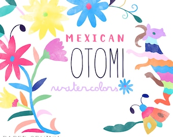 Otomi Clipart | Floral Mexican Clipart Animals - Watercolor Folk Graphics - Colorful Flowers, Wedding Invite - Digital Instant Download PNGs