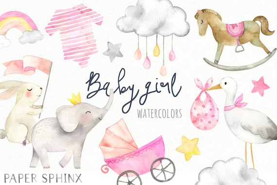 Girl Baby Shower Clipart | Pink Baby Girl Graphics - Elephant, Bunny, Rainbow, Stork, Rocking Horse Printable Art - Instant Download PNGs