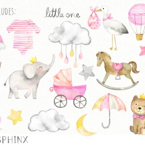 May include: Watercolor illustrations of baby-themed items, including a rainbow, onesie, cloud, stork carrying a baby, hot air balloons, stars, a bunny with a flag, an elephant, a stroller, a rocking horse, an umbrella, a bear, balloons, and the text "It's a Girl."