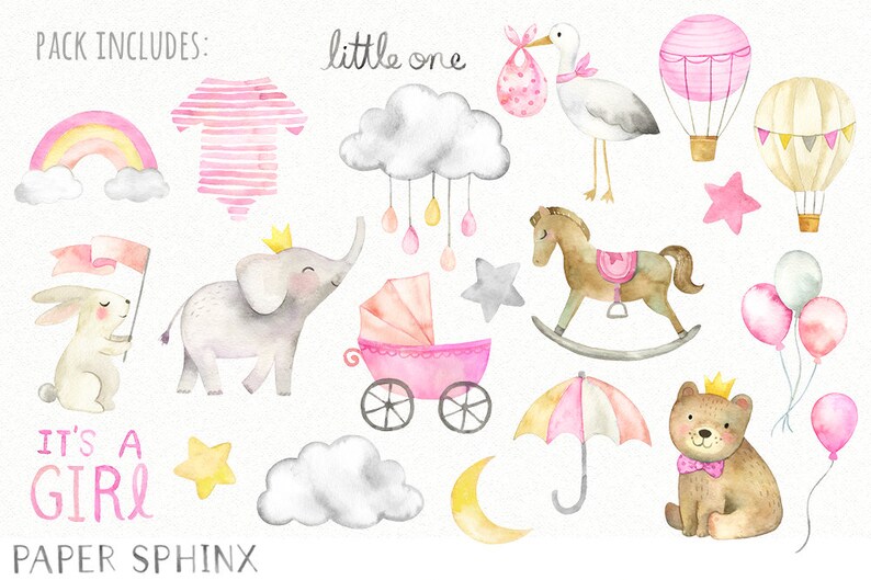 May include: Watercolor illustrations of baby-themed items, including a rainbow, onesie, cloud, stork carrying a baby, hot air balloons, stars, a bunny with a flag, an elephant, a stroller, a rocking horse, an umbrella, a bear, balloons, and the text "It's a Girl."
