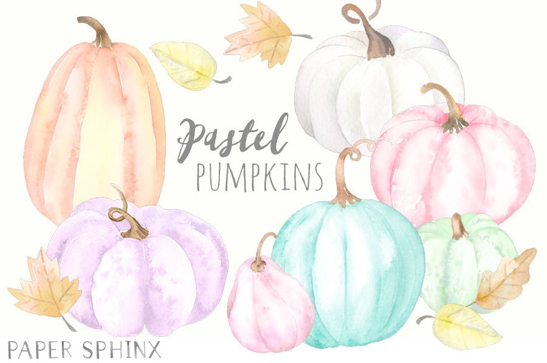 Fall Clip Art- Thanksgiving Harvest Digital Download Watercolor Pumpkin and Leaves Pastel Pumpkins Clipart Halloween Jack O Lantern