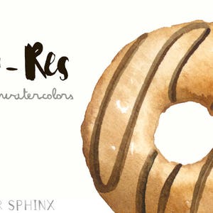Pode incluir: Uma pintura em aquarela de um donut com cobertura marrom e listras de chocolate. O donut &eacute; marrom claro e tem um buraco no centro. O texto "Hi-Res watercolors" est&aacute; escrito em preto sobre um fundo branco.