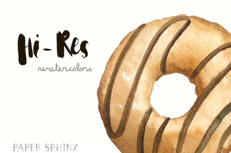 Pode incluir: Uma pintura em aquarela de um donut com cobertura marrom e listras de chocolate. O donut &eacute; marrom claro e tem um buraco no centro. O texto "Hi-Res watercolors" est&aacute; escrito em preto sobre um fundo branco.
