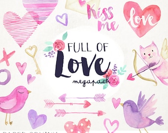 May include: Watercolor illustrations of hearts, arrows, birds, a cat with wings, and flowers. The text "Full of Love megapack" is in the center of the image.