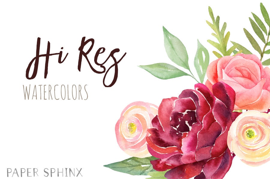 Watercolor Burgundy Flowers Clipart Fall Wedding Flowers | Etsy