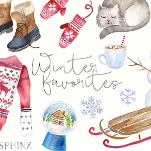 Watercolor Winter Clipart | Holiday Fashion - Ugly Sweater, Mittens, Hat, Boots - Holiday / Christmas Art - Instant Download PNG files