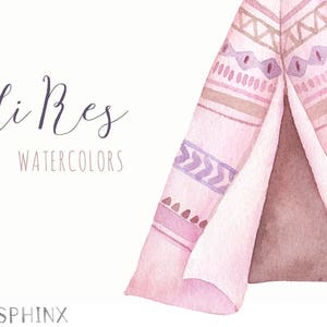 Puede incluir: Ilustraci&oacute;n de acuarela de un tipi rosa y morado con patrones geom&eacute;tricos. El texto "Hi Res Watercolors" est&aacute; escrito en cursiva en la parte superior de la imagen. El texto "PAPER SPHINX" est&aacute; escrito en la parte inferior de la imagen.