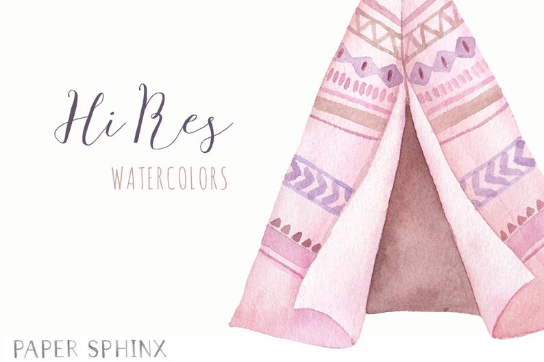 Puede incluir: Ilustraci&oacute;n de acuarela de un tipi rosa y morado con patrones geom&eacute;tricos. El texto "Hi Res Watercolors" est&aacute; escrito en cursiva en la parte superior de la imagen. El texto "PAPER SPHINX" est&aacute; escrito en la parte inferior de la imagen.