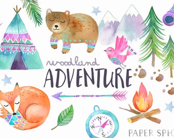 Watercolor Adventure Clipart | Woodland Tribal Animals Clipart - Fall Camping Graphics - Teepee/ Tent, Forest Bear, Fox - Baby Nursery Art