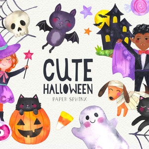 Cute Halloween Clipart Watercolor Halloween, Cute Bat, Black Cat, Pumpkins, Ghost, Halloween Candy, Spider Web Instant Download PNG File image 1