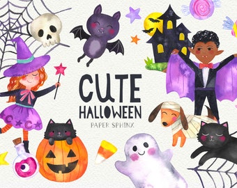 Cute Halloween Clipart | Watercolor Halloween, Cute Bat, Black Cat, Pumpkins, Ghost, Halloween Candy, Spider Web - Instant Download PNG File