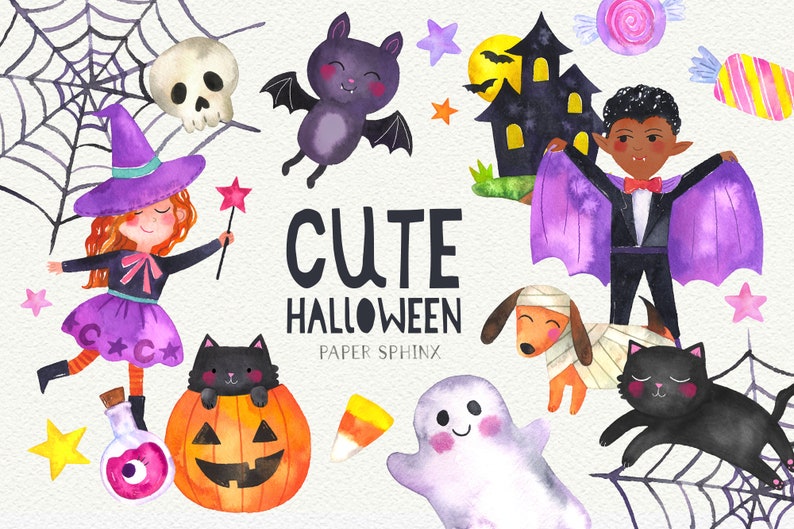 Cute Halloween Clipart Watercolor Halloween, Cute Bat, Black Cat, Pumpkins, Ghost, Halloween Candy, Spider Web Instant Download PNG File image 1
