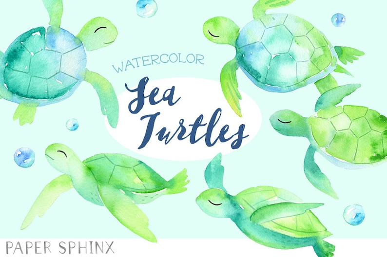 May include: Watercolor illustration of five sea turtles swimming in a light blue ocean. The text "WATERCOLOR Sea Turtles" is written in a white oval.