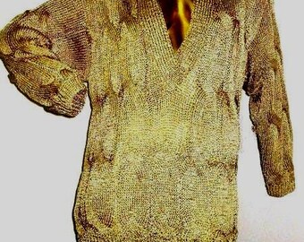 Vintage 80s Metallic Gold Cable Knit Sweater: Oversized Fit