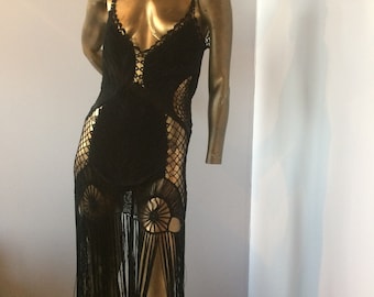 sz s to m vintage 1990s black crocheted dress- sexy-sexy-sexy