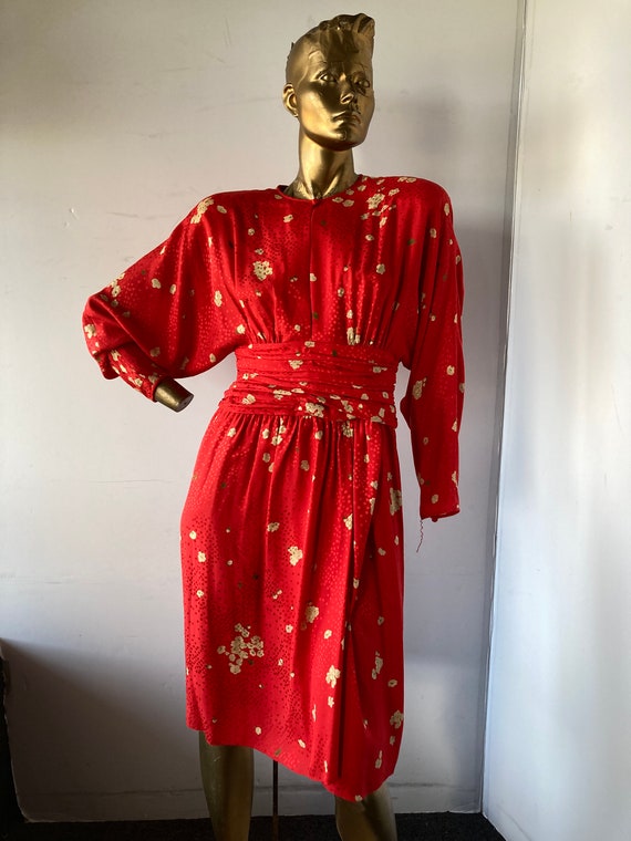 ADELE SIMPSON vintage 1980s red and tan silk dres… - image 1