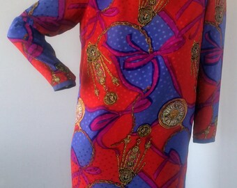 vintage dress, 80s shift Style dress with impactful summer prints sz med
