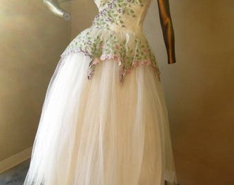 Vestido de fiesta vintage de los años 50: vestido de fiesta de tul bordado, talla mediana