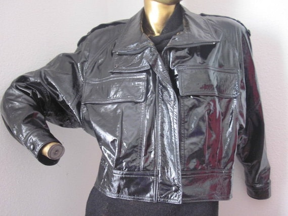 a stunning 80s vintage black patent leather moto … - image 1