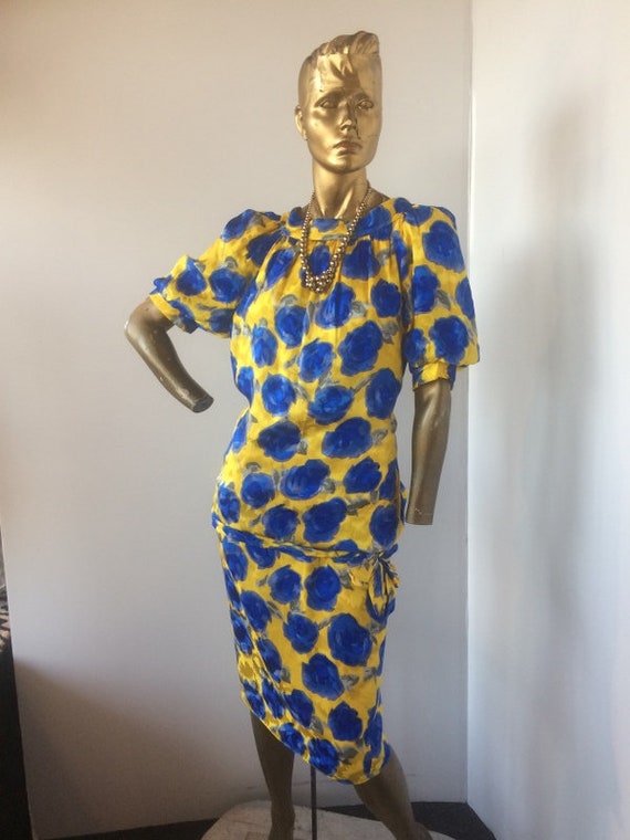 vintage 1980's yellow and blue silk 2 piece dress… - image 2