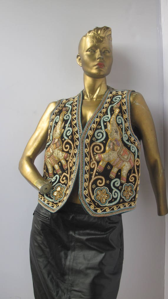 vintage 70s stunning black and gold velvet vest,e… - image 1
