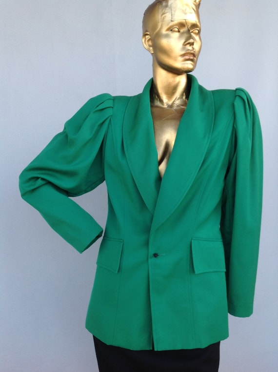 Vintage 80s EMANUEL UNGARO Green Tailored Wool Ja… - image 3