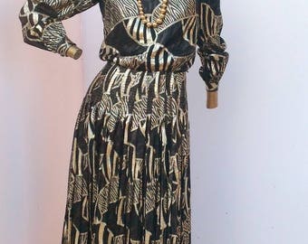 Vintage Black and Gold Maxi Dress, Metallic Print, USA Made