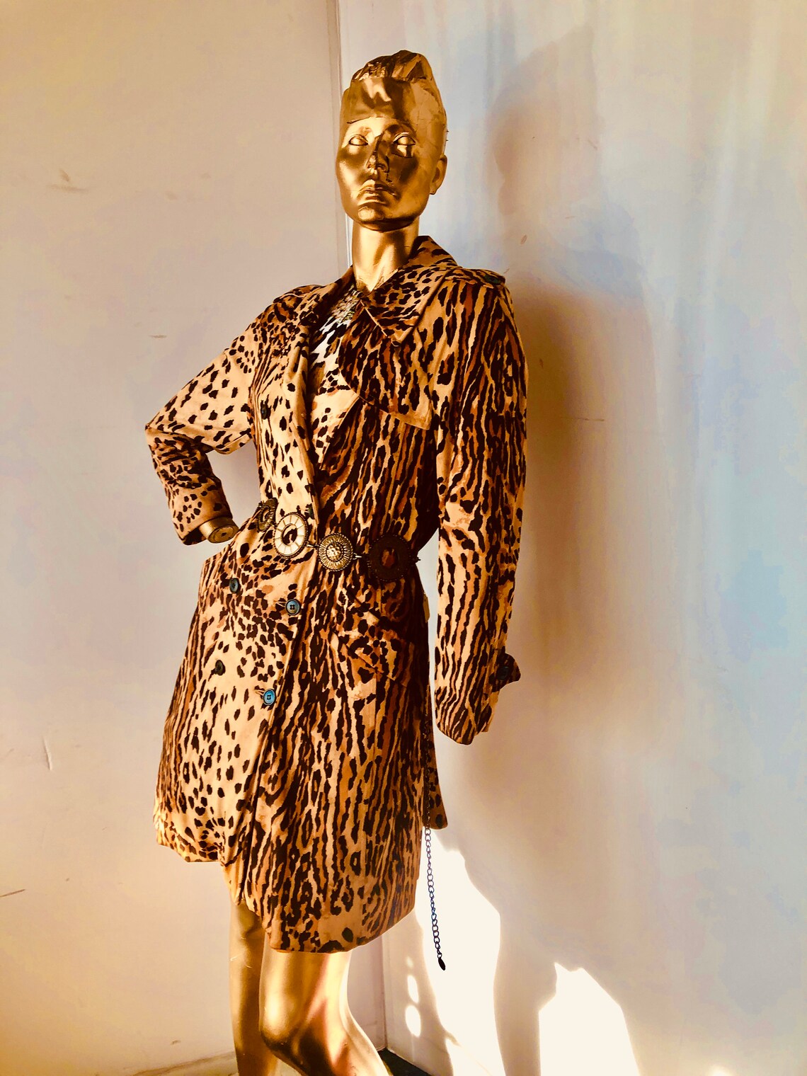 Vintage 70s Animal Print Trench Coat, Double Breasted Knit (Sz M), photo 3 of 5