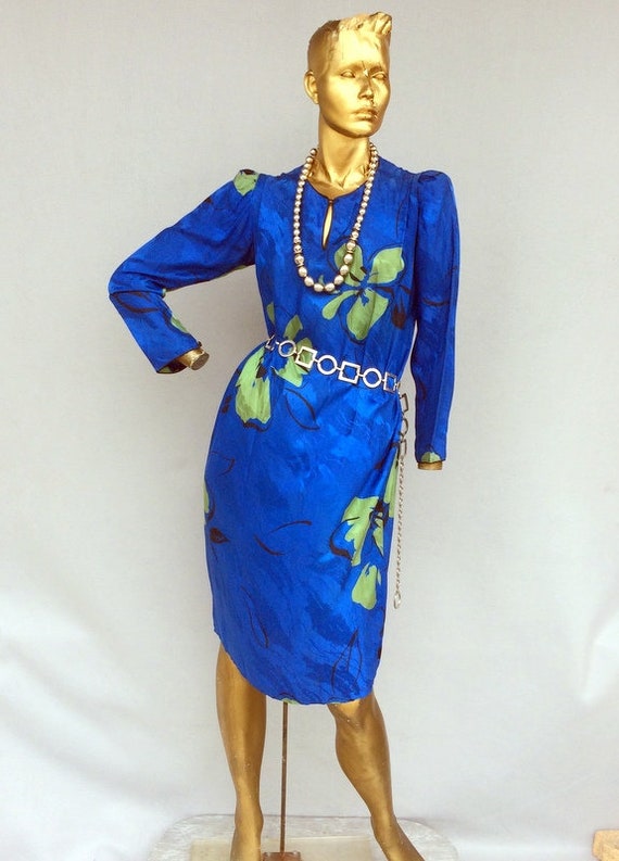 vintage 80 straight silk dress,-a brilliant cobalt