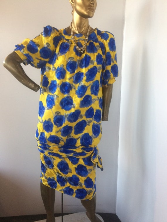 vintage 1980's yellow and blue silk 2 piece dress… - image 8