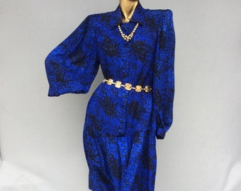 vintage 80s silk shirtwaist dress- black and blue-long sleeve button down front-bottom pleats -below the knee-sz 14