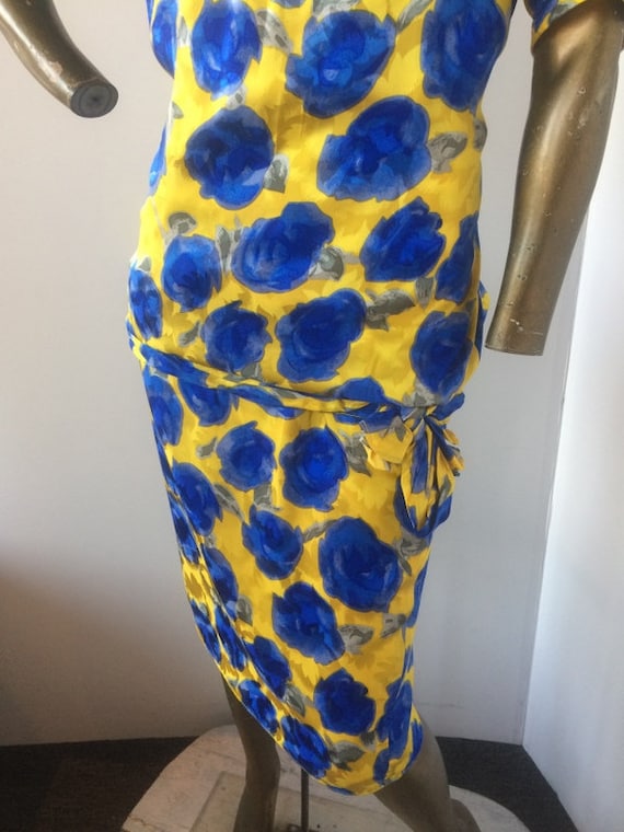 vintage 1980's yellow and blue silk 2 piece dress… - image 4