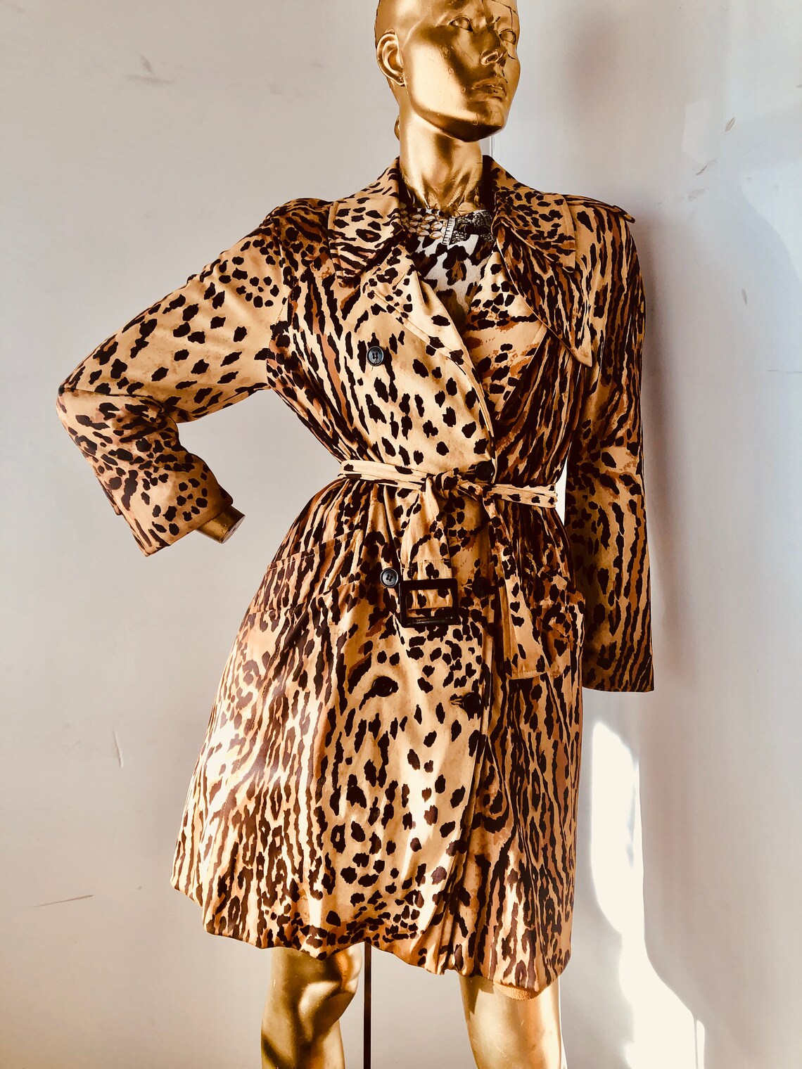 Vintage 70s Animal Print Trench Coat, Double Breasted Knit (Sz M), photo 4 of 5
