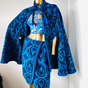 an amazing vintage 60s /70s cape and wrap skirt set-turquoise and black wool ,an unapologetically fabulous outfit image 1